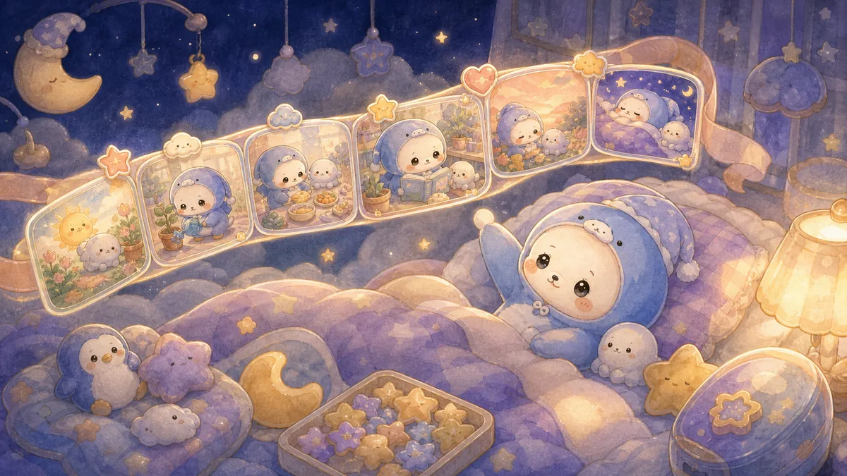Ilustrasi timeline diary sebelum tidur dengan suasana diary Mongle Haru