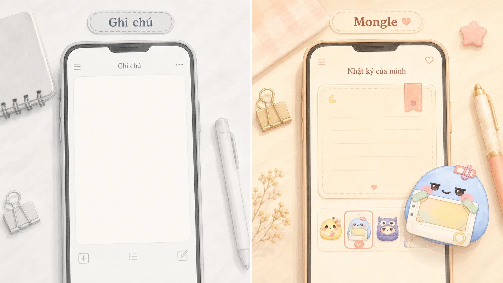 So sánh trang ghi chú trống với app nhật ký có Mongle đồng hành