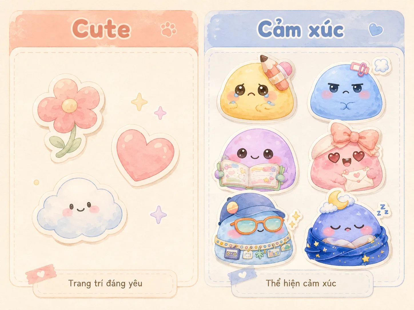So sánh sticker cute và sticker cảm xúc trong nhật ký