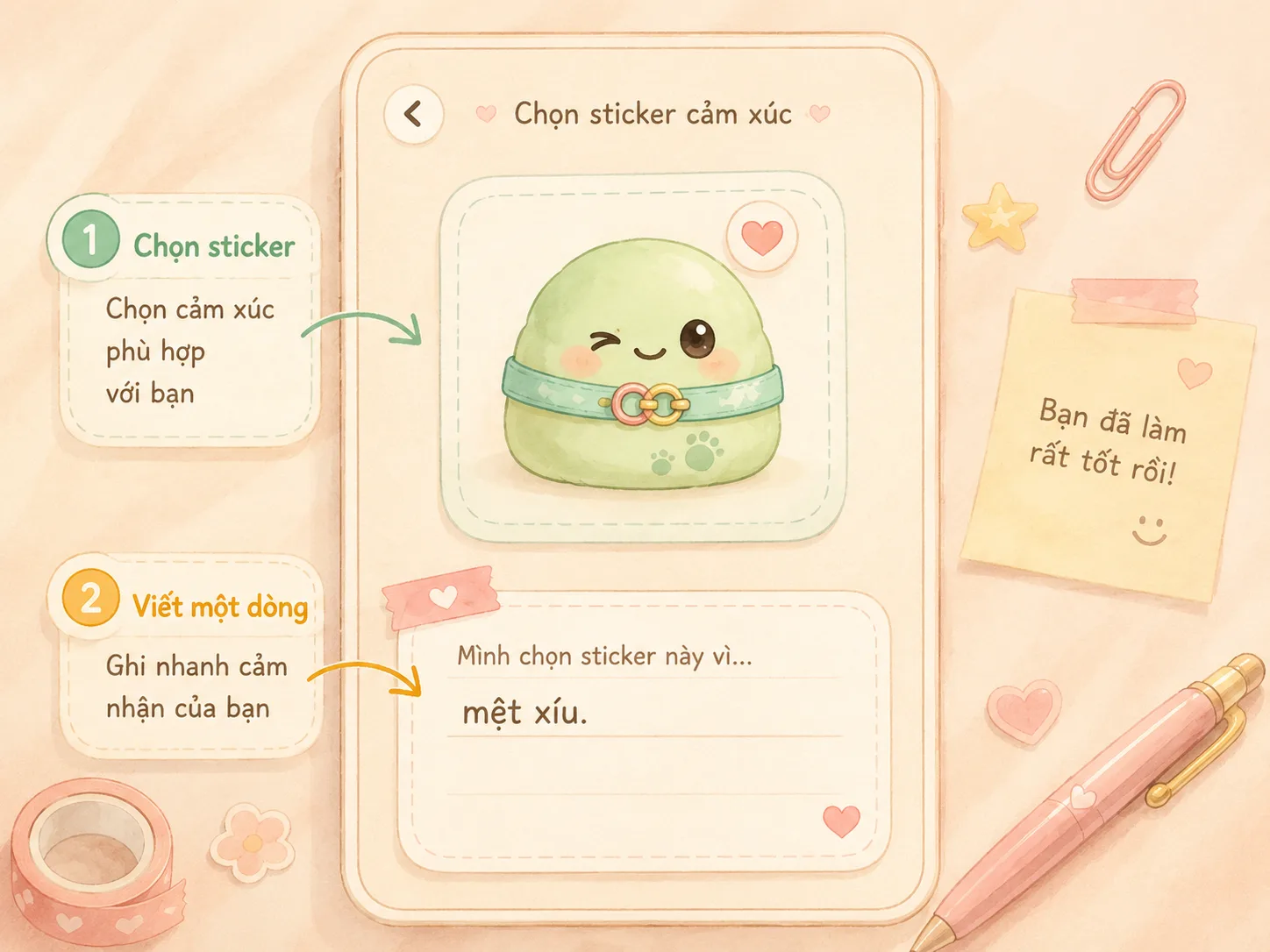 Công thức dakku đơn giản với checklist, mood, ghi chú một dòng và sticker nhỏ