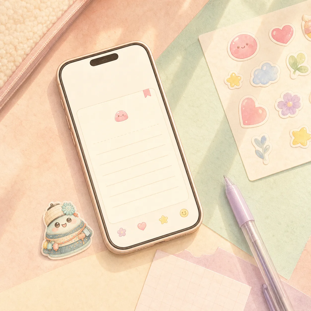 Bàn học với điện thoại sổ tay và sticker cho bullet journal study planner