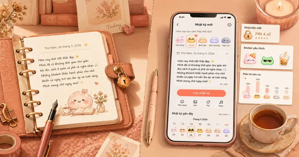 Sổ giấy và app giúp phân biệt hai nhu cầu nhật ký cute