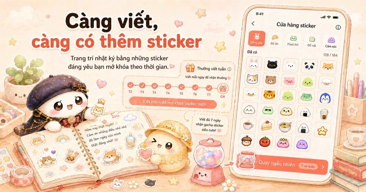 App nhật ký có hình ảnh với sticker và trang viết trên điện thoại