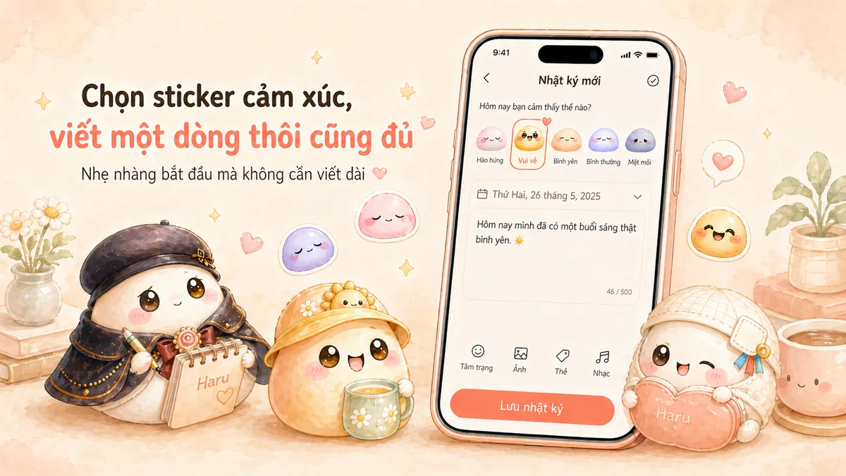 Chọn sticker cảm xúc và viết một dòng ngắn trong kiểu nhật ký riêng tư này Mongle Haru