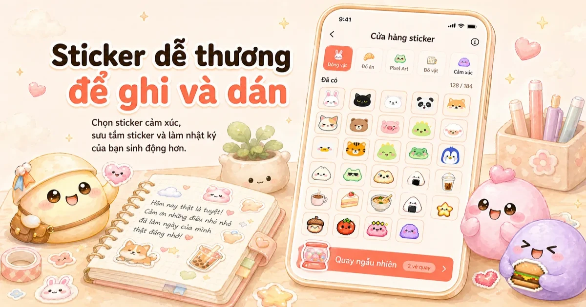 App nhật ký không cần đăng ký với sticker cute và không gian viết riêng trên điện thoại