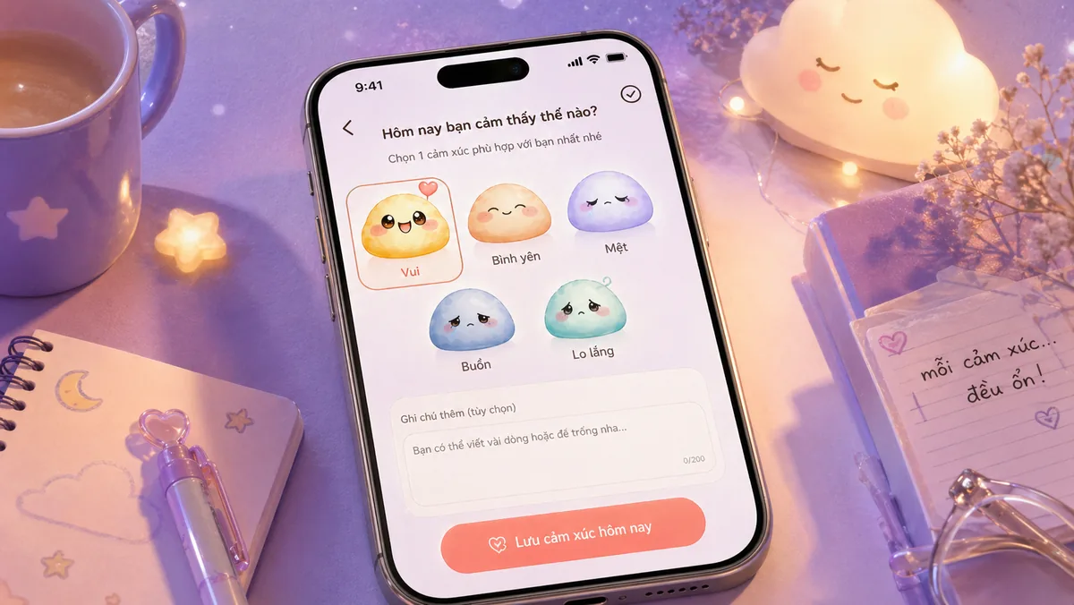 Chọn sticker mood khi dùng app nhật ký để theo dõi tâm trạng
