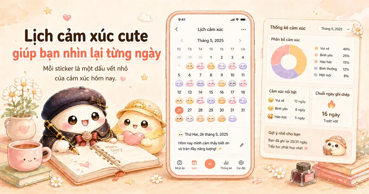 Bố cục nhật ký cute với date, mood, title và sticker zone