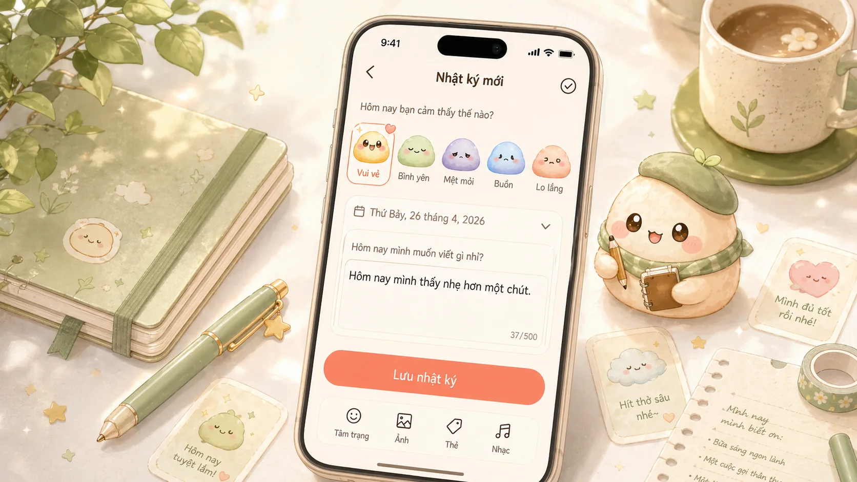 Chuẩn bị sổ tay, sticker và bút để làm journal aesthetic tiếng Việt