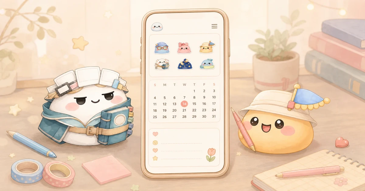 Layout nhật ký cute với sổ tay, sticker và phiên bản digital trên điện thoại