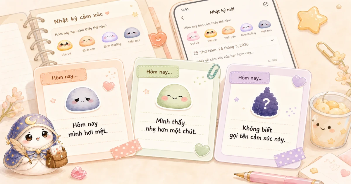 Mẫu nhật ký cảm xúc ngắn với sticker và vài dòng ghi cảm giác hôm nay