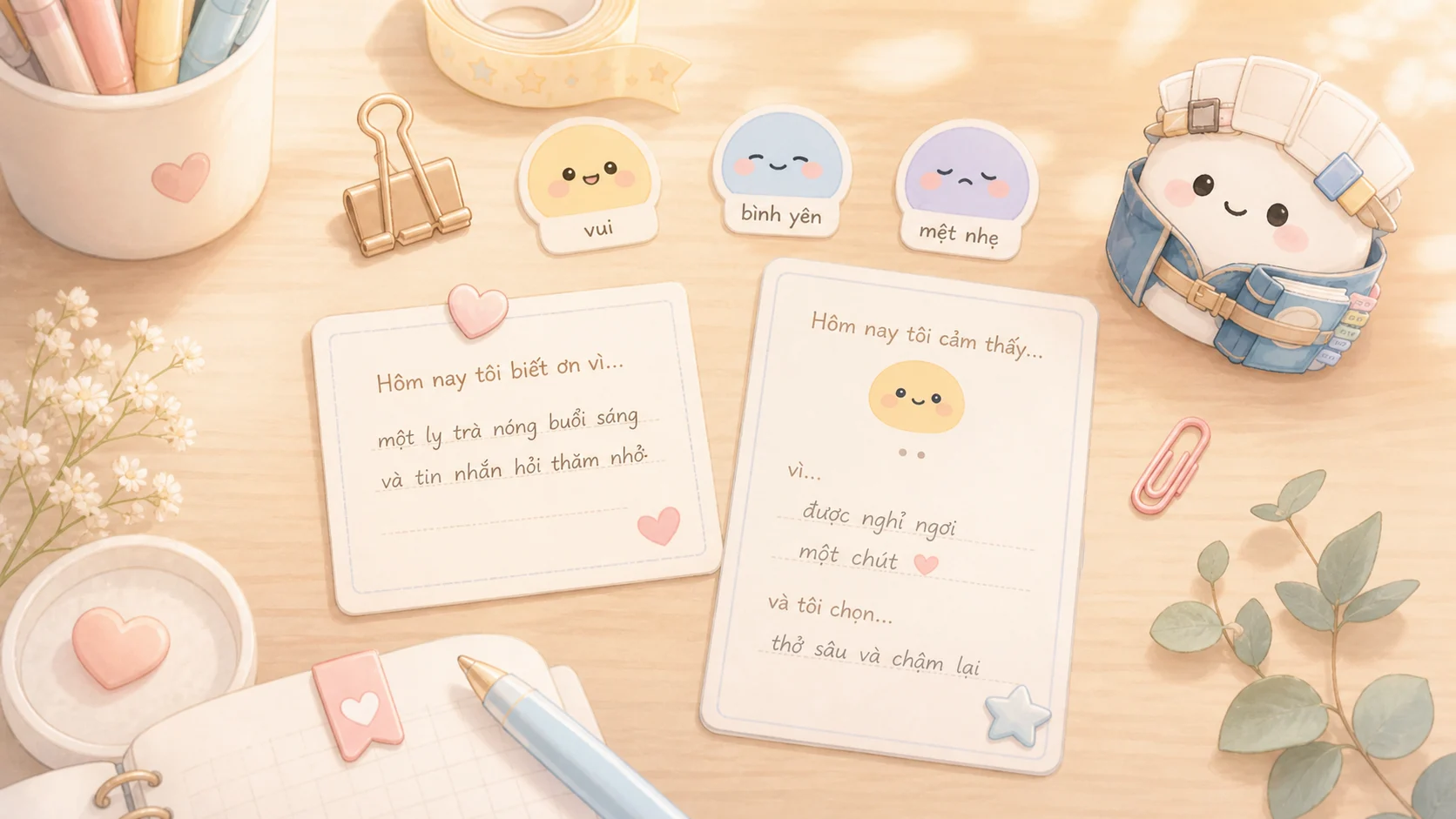 Mẫu mood cute với cảm xúc, màu và sticker