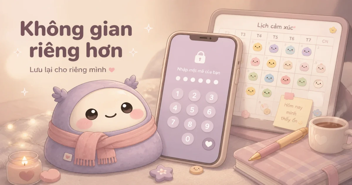 Nhật ký chữa lành riêng tư với mood sticker và lịch cảm xúc nhẹ nhàng