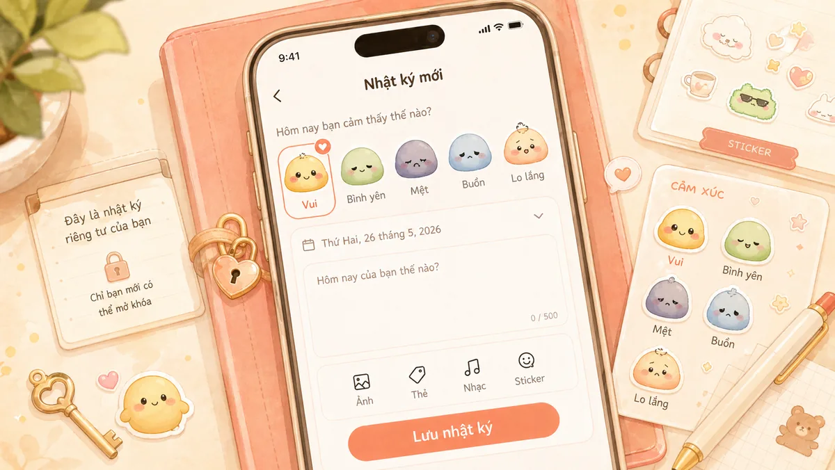 Chọn sticker cảm xúc trong kiểu nhật ký riêng tư này Mongle Haru