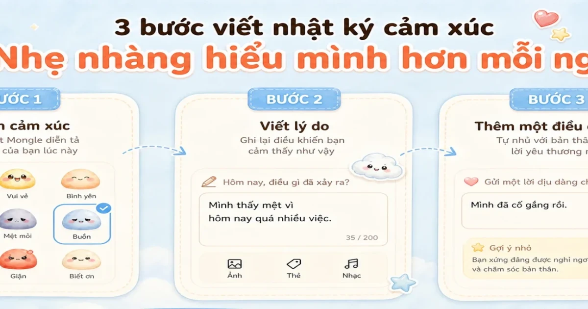 Nhật ký trước khi ngủ với khung viết nhẹ để nhìn lại cảm xúc cuối ngày