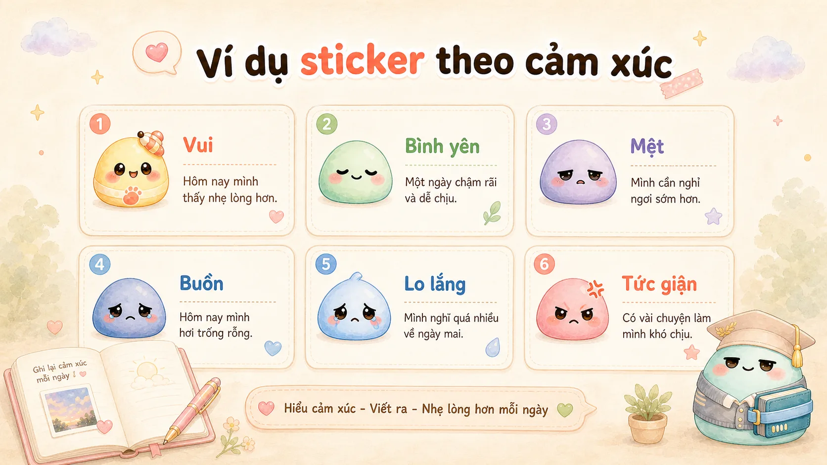 Nhóm sticker và màu nhẹ dùng làm vật dụng trang trí sổ tay nhật ký
