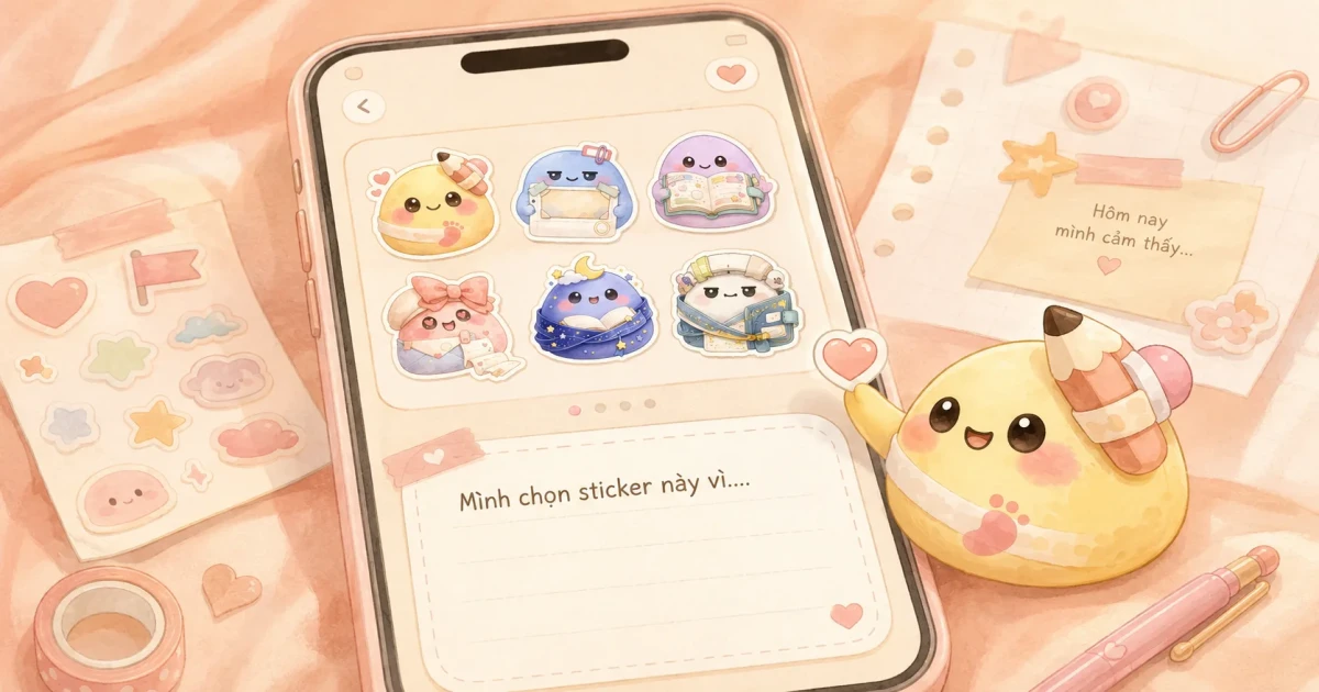 Trang nhật ký cute với sticker, vùng viết và màu sắc cân bằng