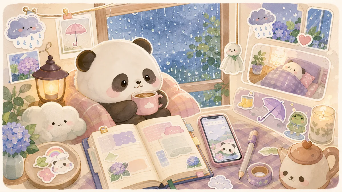 Minh họa viết nhật ký cho ngày mưa theo phong cách curation banner Mongle Haru