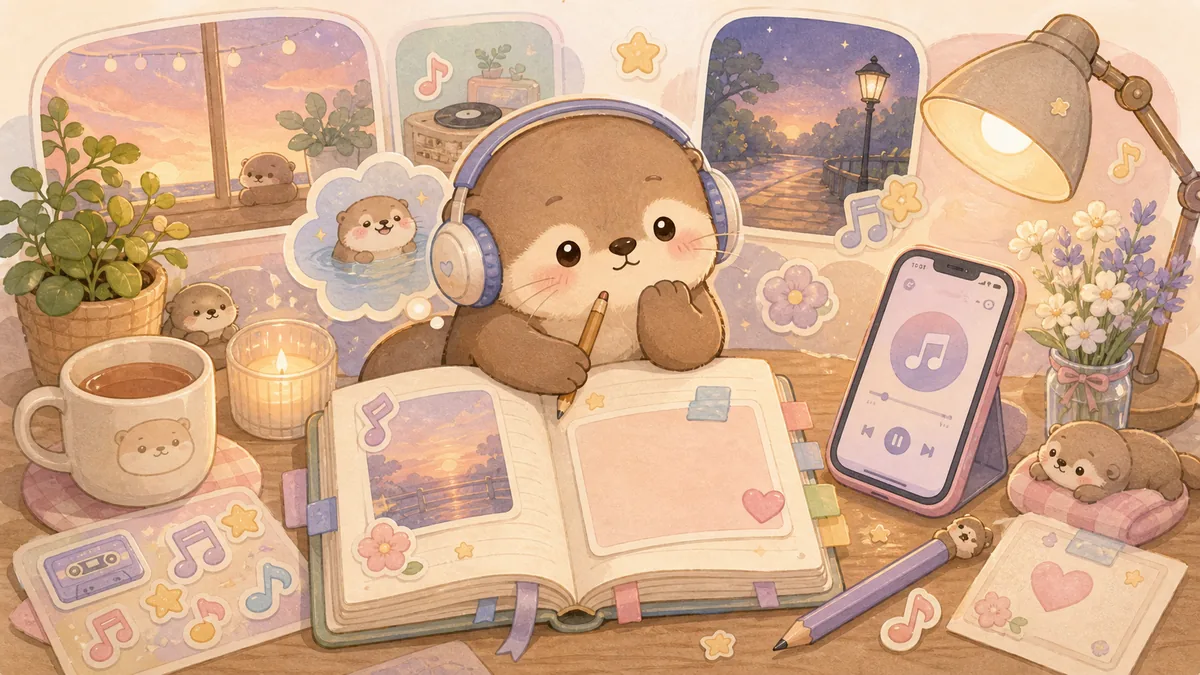 Minh họa viết nhật ký khi nghe một bài hát theo phong cách curation banner Mongle Haru