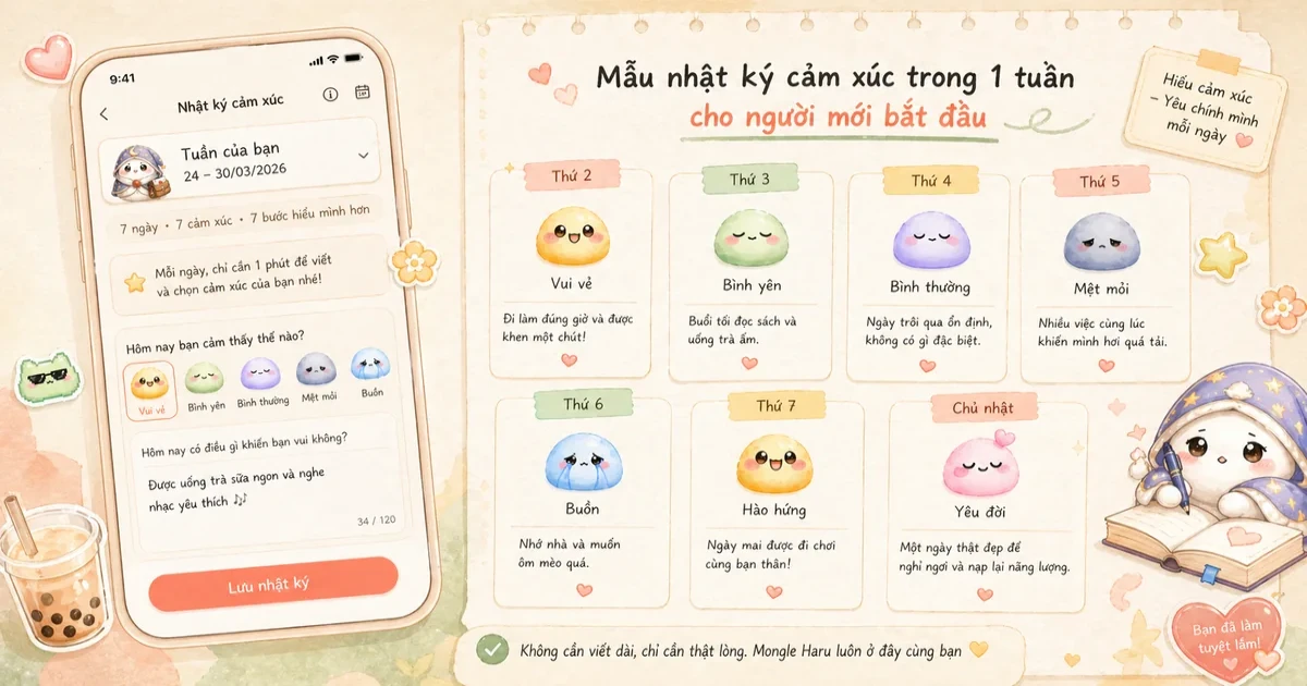 Học sinh viết nhật ký sau giờ học bằng một dòng riêng tư và sticker mood trong Mongle Haru