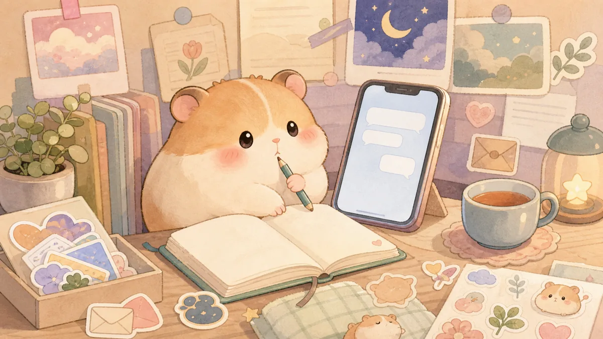 Minh họa viết nhật ký sau một tin nhắn dài theo phong cách curation banner Mongle Haru